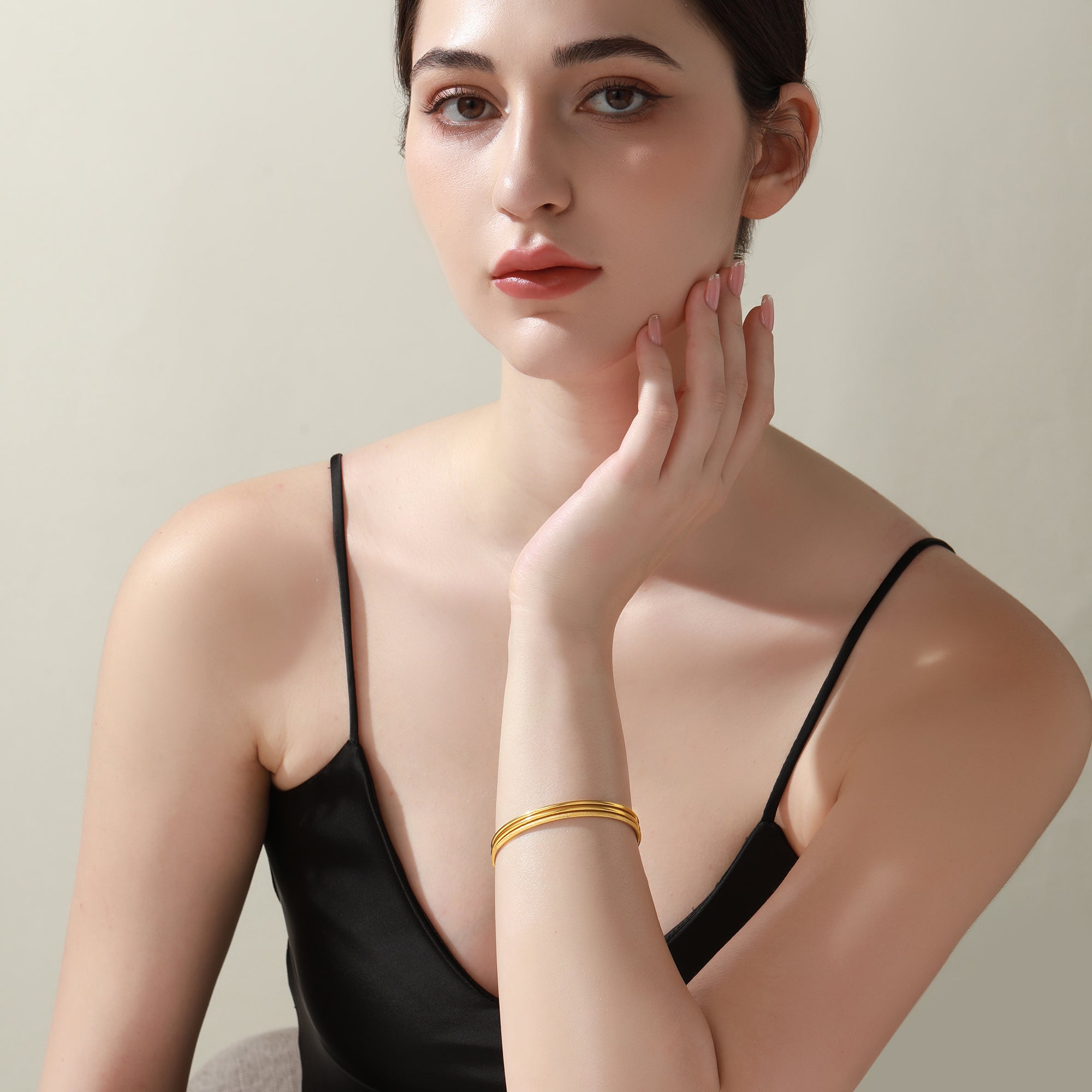 Titanium Steel Gold Textured & Smooth Bangle Set of 3