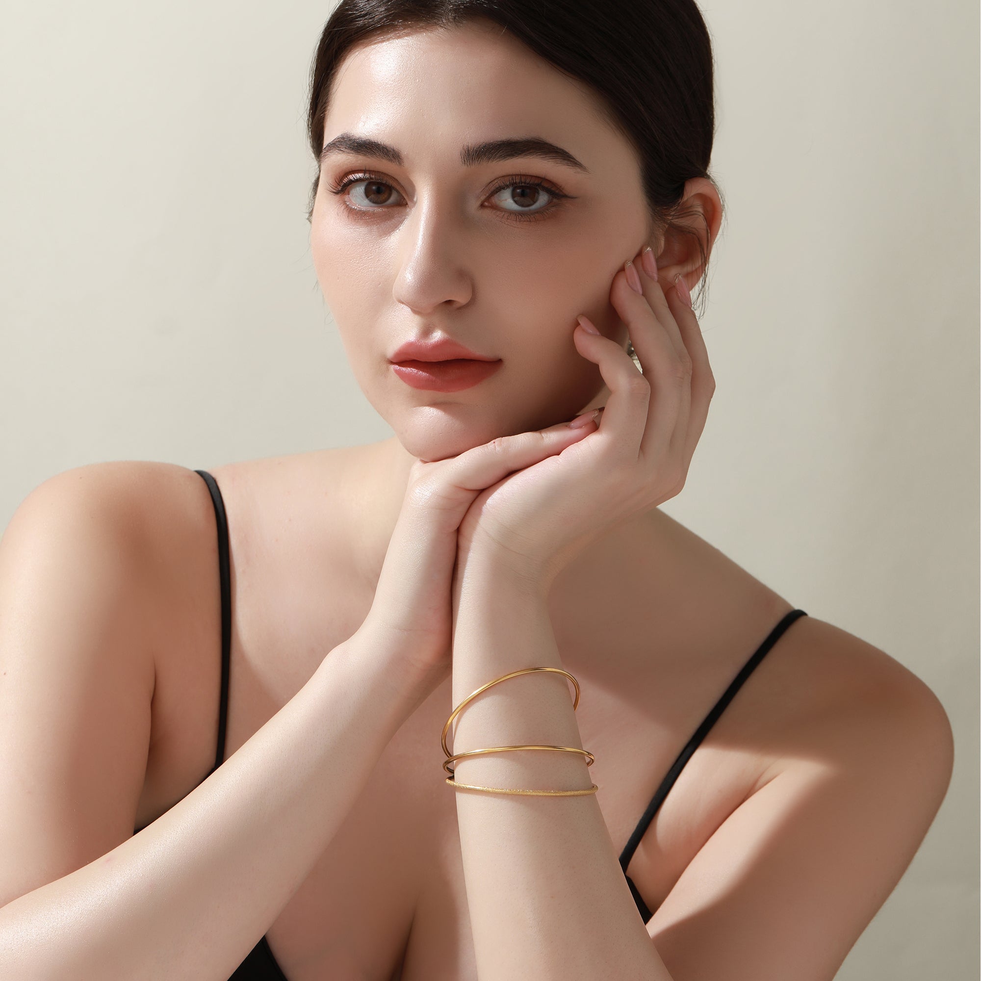 Titanium Steel Gold Textured & Smooth Bangle Set of 3
