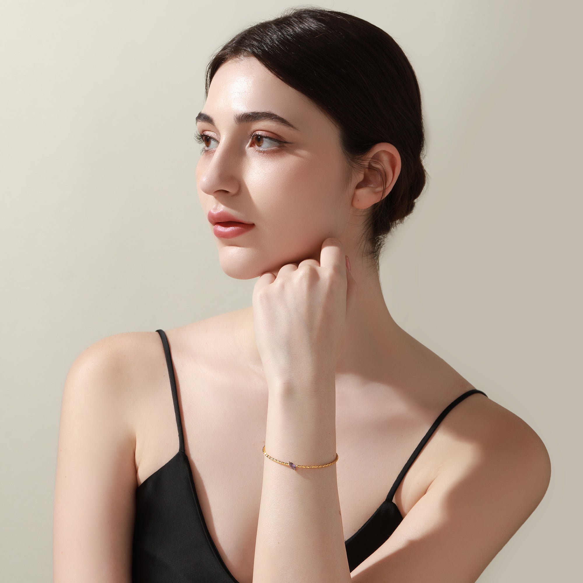 Dainty Open Cuff Bracelet with Purple Marquise Cubic Zirconia – No Snag, No Tangle for Women