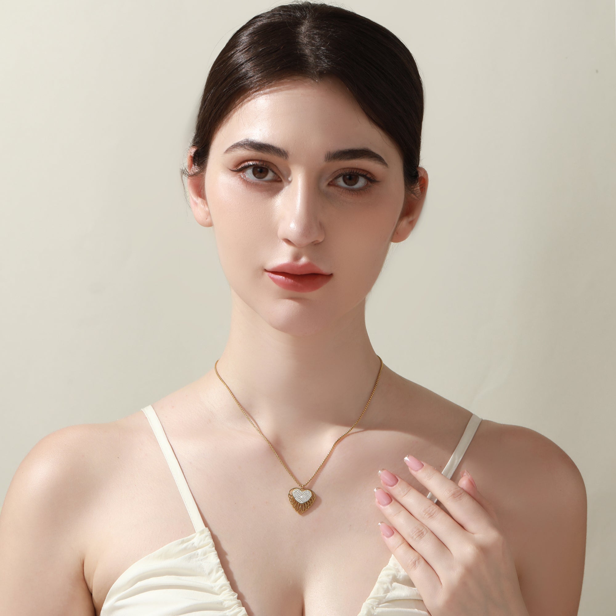Delicate Gold Heart Pendant Necklace with Paved Cubic Zirconia – Filigree Jewelry for Women