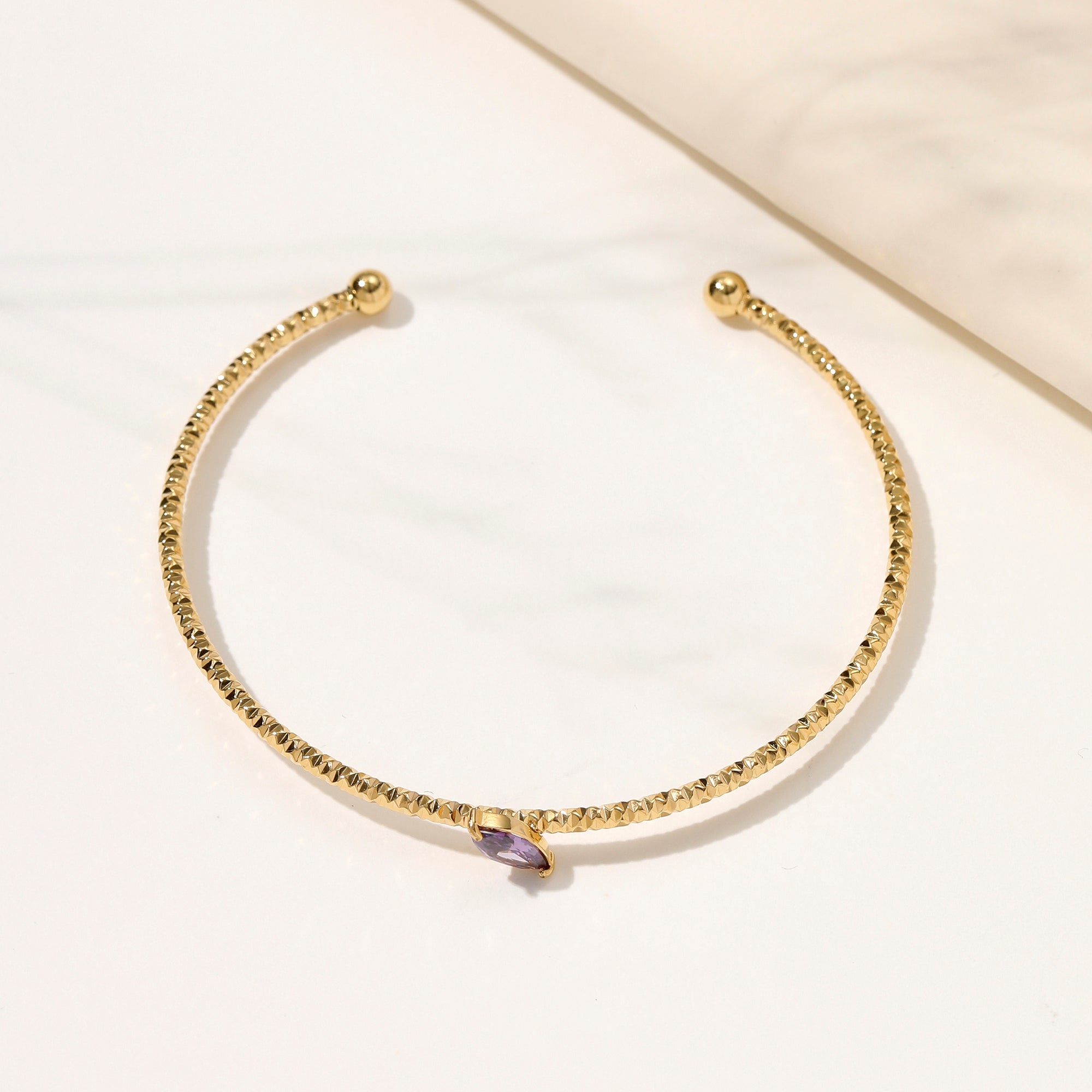 Dainty Open Cuff Bracelet with Purple Marquise Cubic Zirconia – No Snag, No Tangle for Women