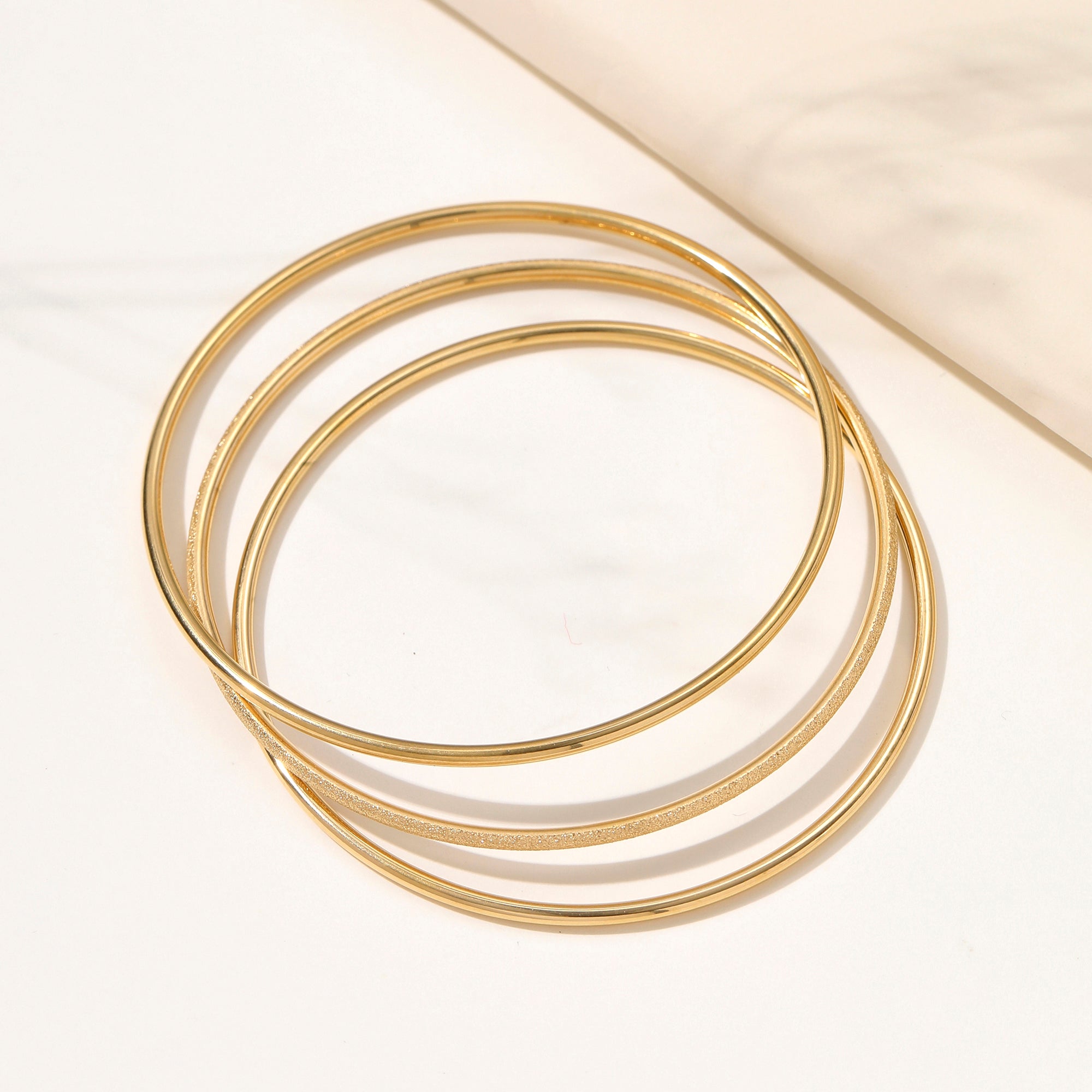 Titanium Steel Gold Textured & Smooth Bangle Set of 3
