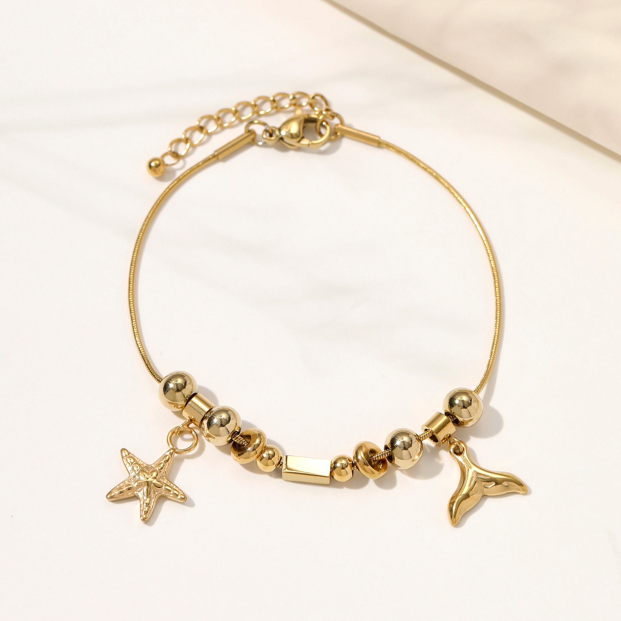 Titanium Steel Gold Starfish & Mermaid Tail Anklet with Beads