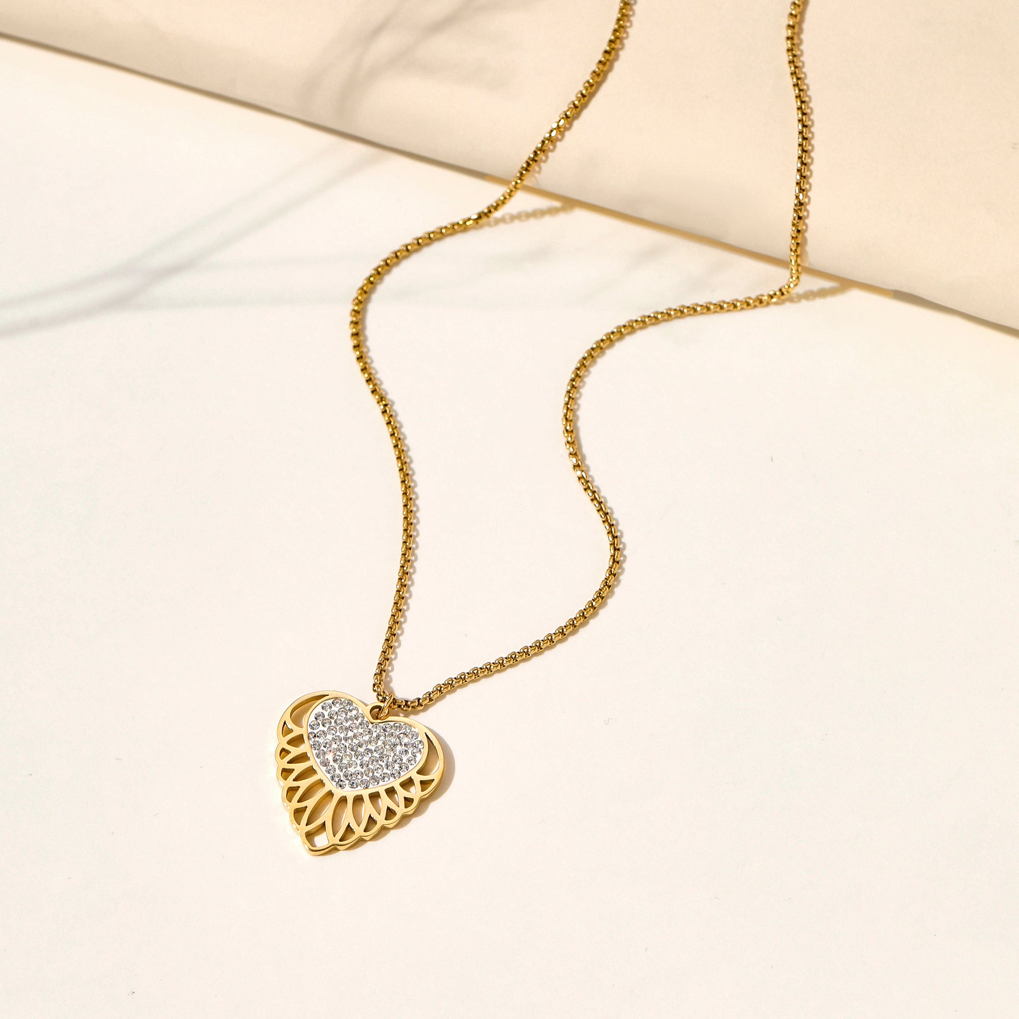 Delicate Gold Heart Pendant Necklace with Paved Cubic Zirconia – Filigree Jewelry for Women