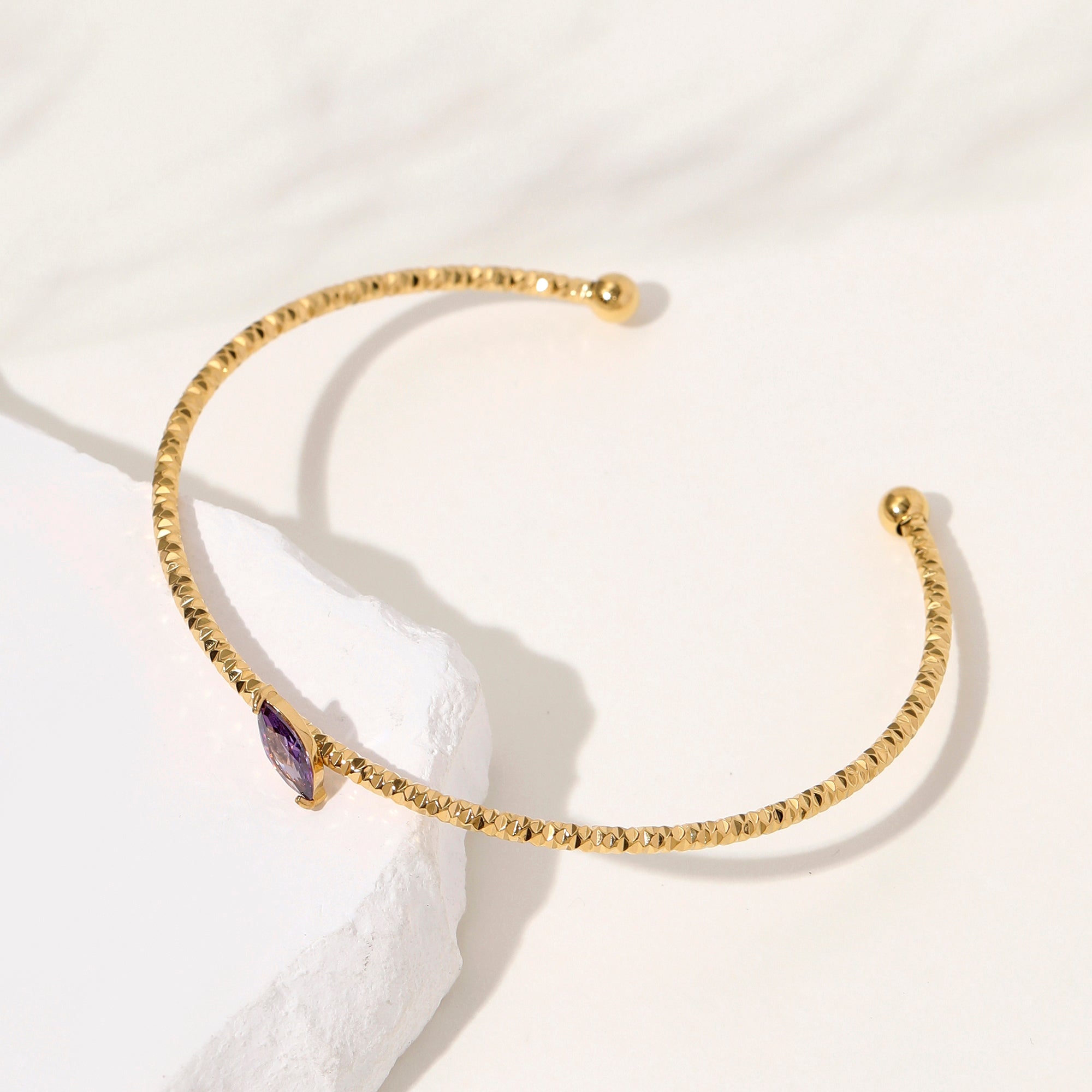 Dainty Open Cuff Bracelet with Purple Marquise Cubic Zirconia – No Snag, No Tangle for Women