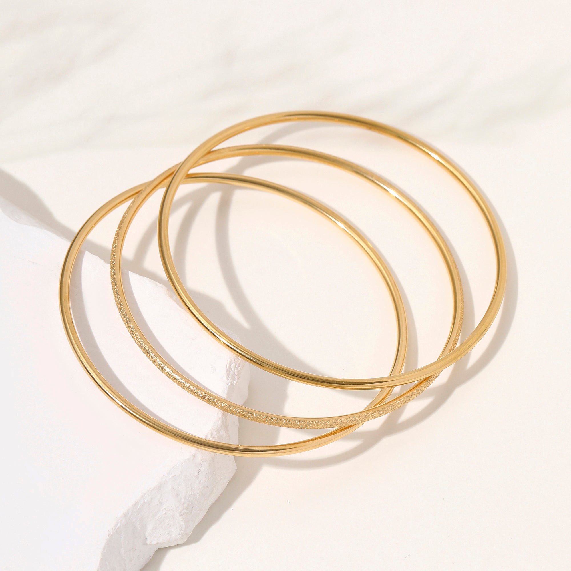 Titanium Steel Gold Textured & Smooth Bangle Set of 3