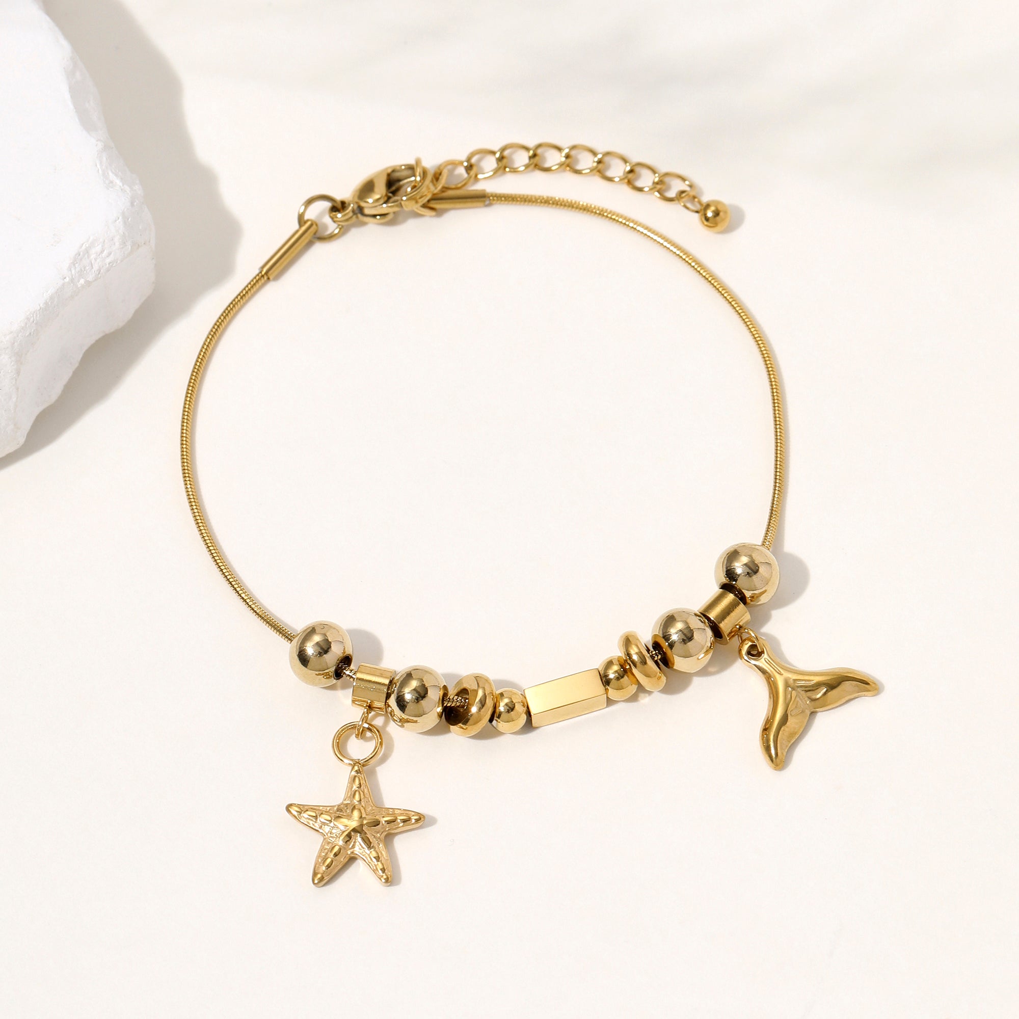 Titanium Steel Gold Starfish & Mermaid Tail Anklet with Beads